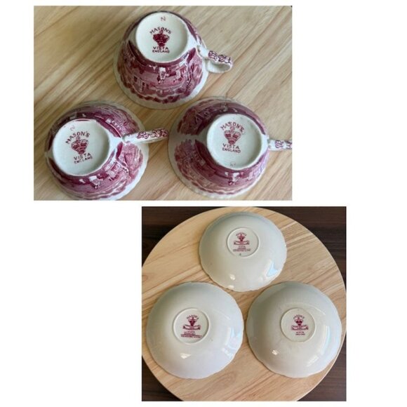 Set Of 3 Vintage Masons Vista Red Ironstone Tea Cups & Saucers Made In England - Picture 10 of 10